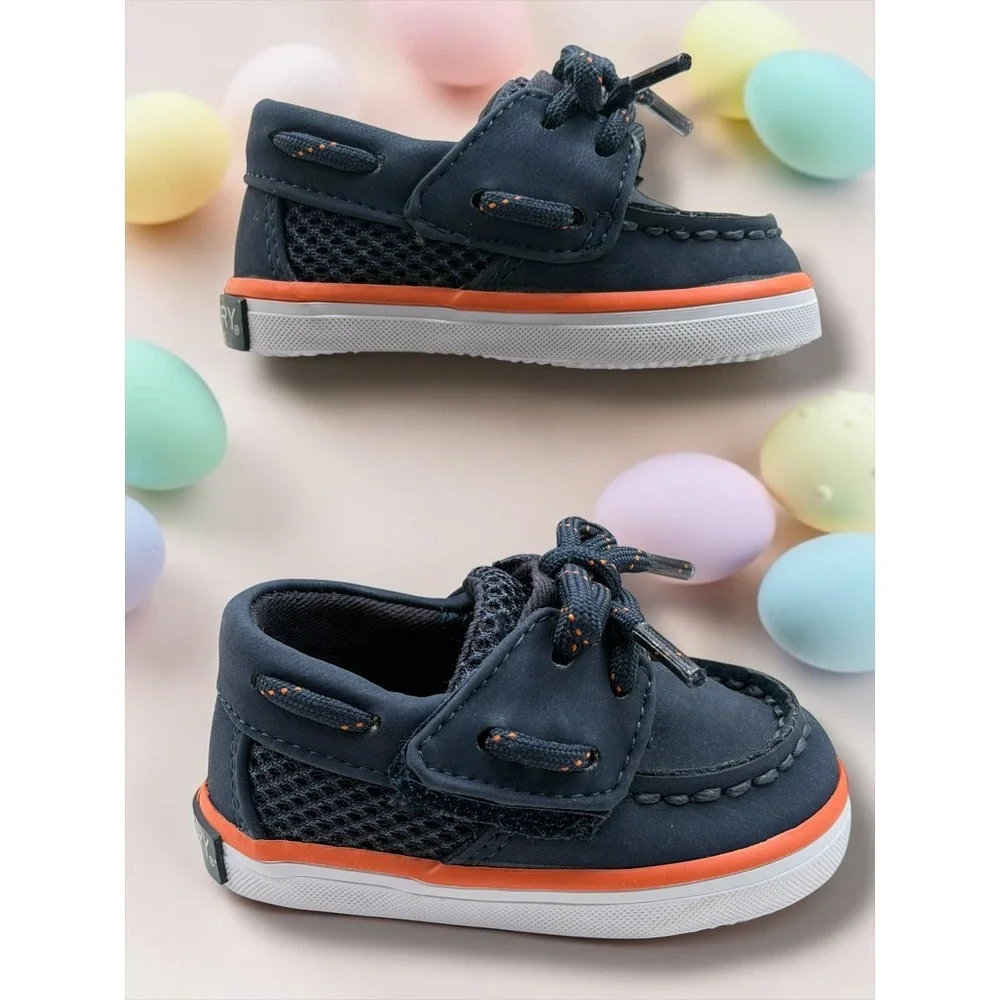 Sperry Top-Sider Toddler Navy Orange Mesh Boat Shoes Loafers Memory Foam